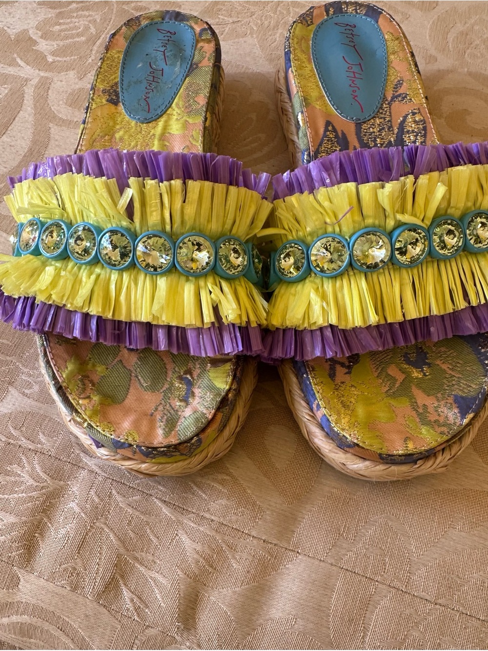 Betsey Johnson Yellow, Purple & Turquoise Raffia Slide Sandals